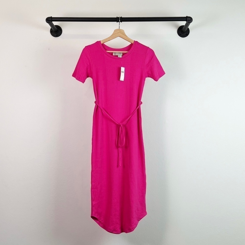 NWT Anthropologie Saturday/Sunday Addy Ribbed Tie Waist Midi Dress in Pink - Picture 4 of 7